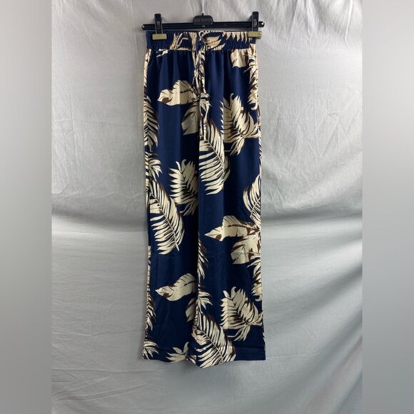 Boho Plant Print Knot Front Wide Leg Pants Blue - Picture 6 of 7